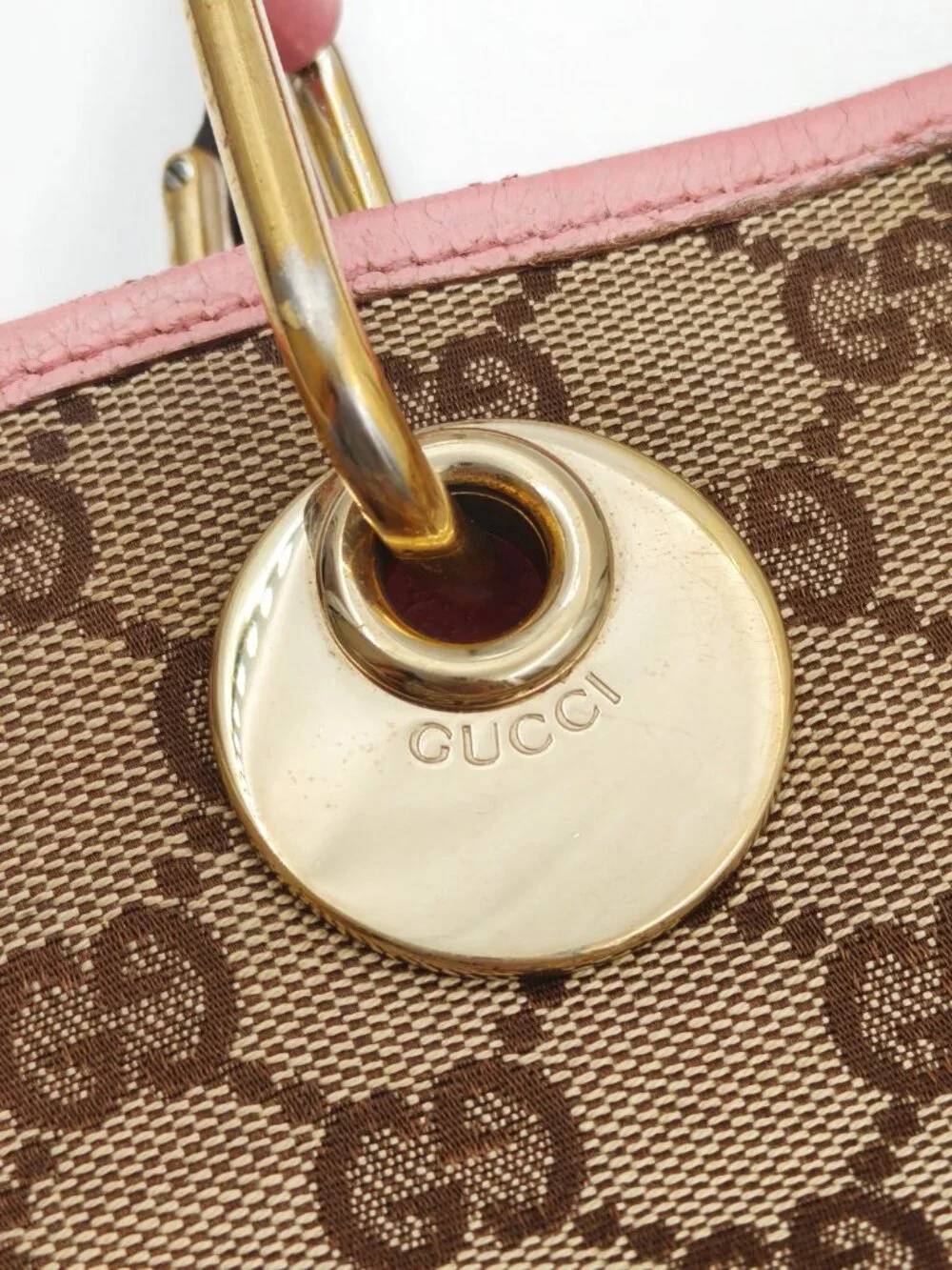 Gucci GG Canvas Pink Leather Tote Bag Gold Hardware Shoulder Bag Made in Italy